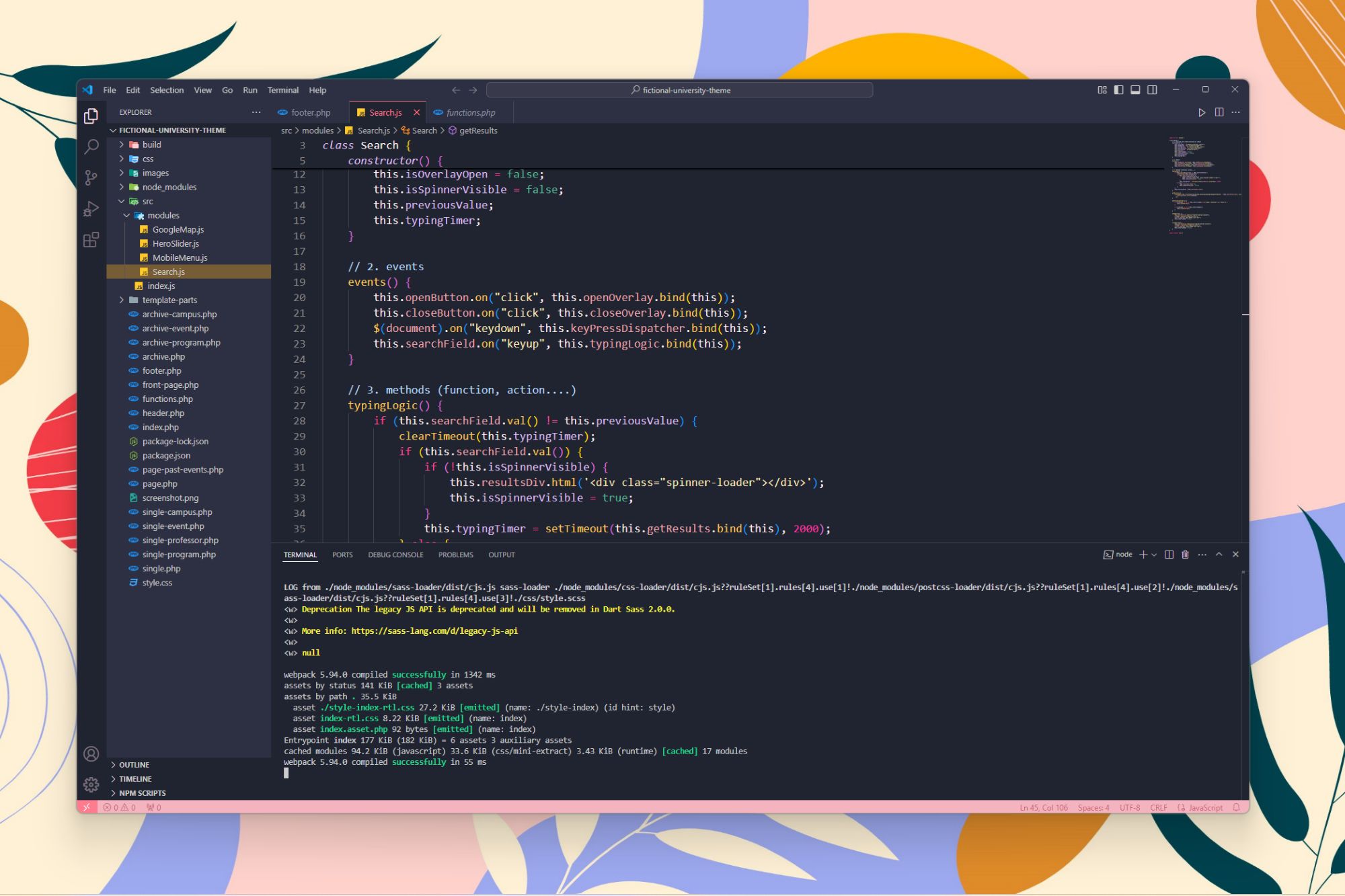 Screenshot van VS Code waarin Powershell in de terminal is geopend en npm heeft gestart.